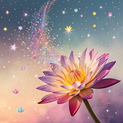 A magical flower raining colorful sparkles, symbolizing joy, creativity.