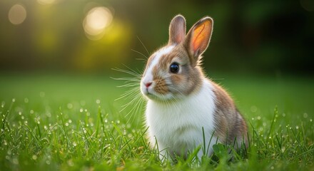Cute brown and white rabbit sitting in green grass