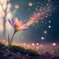 A magical flower raining colorful sparkles, symbolizing joy, creativity.