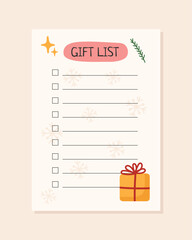 Christmas gift list template with gift box. Vector illustration