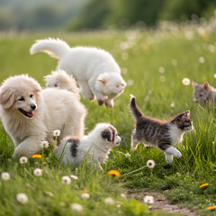 Adorable fluffy animals joyfully playing together, radiating warmth, innocence