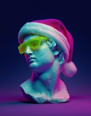 Christmas inspired classical statue bust styled in neon hues, wearing sunglasses and a red Santa hat against dark blue background. Fusion of antiquity, vaporwave, cyberpunk, and festive holiday spirit