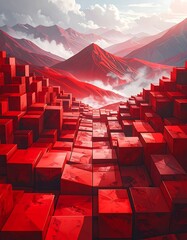 Dramatic red landscape with cubical foreground and mountain range