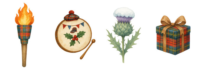 St. Andrew day watercolor clipart set includes torch drum thistle and gift with festive plaid pattern and warm holiday spirit