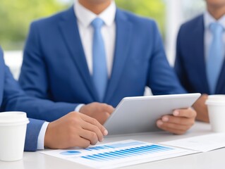 Group of business professionals in blue suits collaborating at a modern office table, analyzing data on a tablet and discussing financial reports with coffee cups nearby