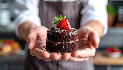 Close-up of Hands Presenting Chocolate Cake with Strawberry