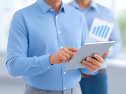 Businessman using tablet device to analyze data, wearing a light blue shirt, while colleague holds a report with graphs in a modern office environment showcasing teamwork and technology - Powered by Adobe