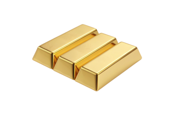 Three polished gold bars stacked in stepped formation, shiny metallic surface with warm yellow tone, isolated on a transparent background