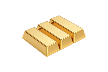 Three polished gold bullion bars arranged in graduated stack, lustrous yellow metal ingots with beveled edges, isolated on a transparent background