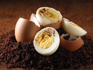 Halved Hard-Boiled Eggs on Coffee Grounds: Culinary Still Life Featuring Egg Yolks Sprinkled with Powder, Broken Shells, and Brown Background