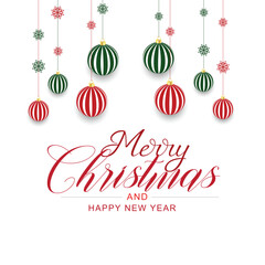Merry Christmas and Happy New Year lettering with hanging Christmas ornament