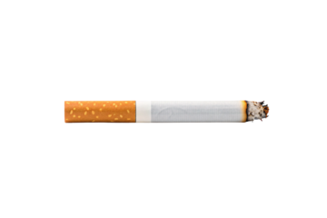 Lit cigarette with orange filter and white paper, burning tobacco with ash tip, harmful smoking product, isolated on a transparent background