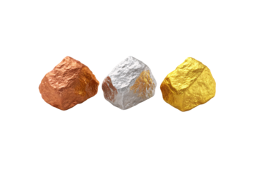 Three rough textured ore nuggets in copper, silver, and gold metallic finishes, raw mineral stones with natural surfaces, isolated on a transparent background