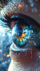 Closeup of Eye Reflecting Cityscape at Night