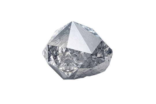 Large faceted diamond with brilliant cut, clear crystalline gemstone with multiple reflective surfaces and natural light refraction, isolated on a transparent background