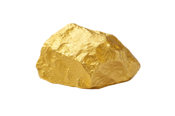 Rough golden metallic nugget with irregular surface texture, showing natural mineral formation and reflective metallic sheen, isolated on a transparent background