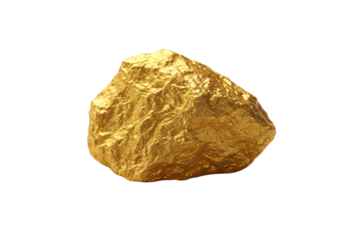 Angular golden rock specimen with rough textured surface, exhibiting natural mineral formations and metallic golden coloring, isolated on a transparent background