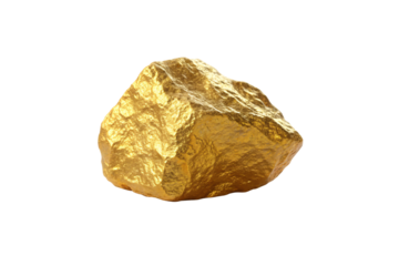 Large golden metallic nugget with highly reflective surface, showing natural irregular formation and brilliant yellow-gold color, isolated on a transparent background