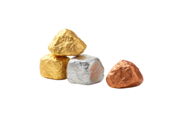 Gold silver copper metal nuggets stacked precious minerals rocks, isolated on a transparent background