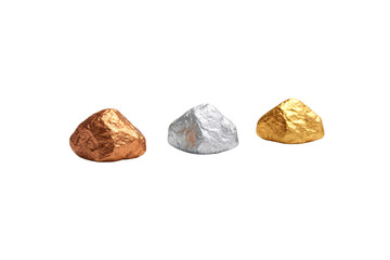 Bronze silver gold metal dome shapes three mineral specimens, isolated on a transparent background