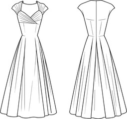 Cad drawing flat vector illustration, sweetheart neckline dress technical sketch, front and back view, fashion template, garment construction detail