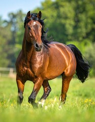 A majestic brown horse with a flowing black mane gallops across a lush green field, capturing movement and freedom. Bright sunlight highlights its glossy coat