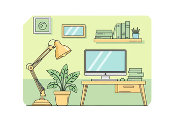 Modern Minimal Home Office Workspace with Desk and Computer &ndash; Vector Illustration