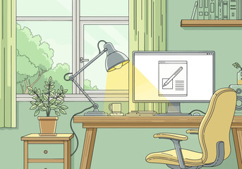 Modern Minimal Home Office Workspace with Desk and Computer &ndash; Vector Illustration