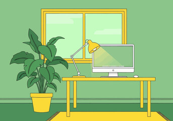 Modern Minimal Home Office Workspace with Desk and Computer &ndash; Vector Illustration