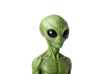 Green alien face head extraterrestrial creature large black eyes, isolated on a transparent background