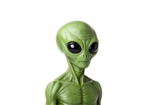 Green alien face head extraterrestrial creature large black eyes, isolated on a transparent background