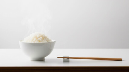 湯気が立つ白いご飯と箸のミニマルな食卓