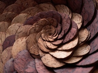 Abstract Wooden Spiral: Artistic Macro Shot of Wood Scraps Forming Swirling Pattern, Natural Wood Grain Texture and Brown Tones Background