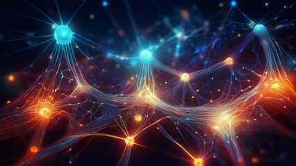 Fototapeta premium An abstract neural network background with pulsing points of light connecting against a dark background, representing artificial intelligence.