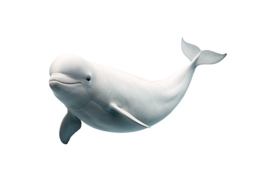 Pale gray beluga whale with rounded head and gentle smile swimming gracefully, isolated on a transparent background