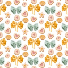 Christmas seamless pattern with bows, lines and festive cookies. Perfect for wrapping paper, textiles, backgrounds, holiday cards and winter decorations.