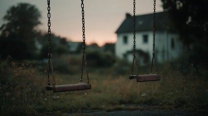 Moody Scene of Empty, Rusty Swings in a Forgotten Playground at Dusk