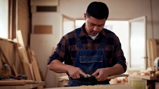 A carpenter uses a hand tool to shape a piece of wood in a workshop, shavings strewn