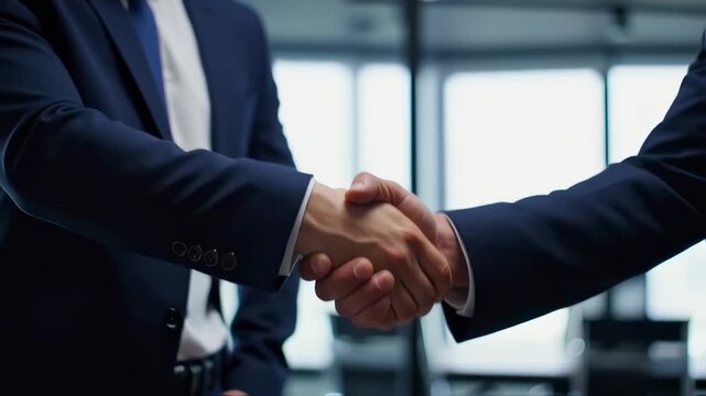 Two men in suits shake hands, a gesture of agreement or partnership in an office