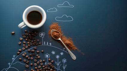 Minimalist Flat Lay with Coffee Cup, Ground Beans, and Whimsical White Line Drawings on Dark Blue Background