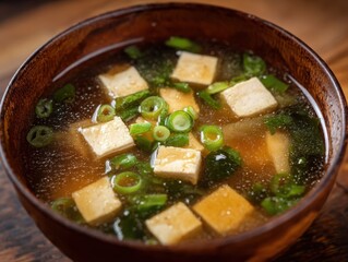 Delicious and Nutritious Miso Soup in Wooden Bowl: A Japanese Culinary Delight Featuring Tofu, Seaweed, and Scallions for Health and Wellness with Broth