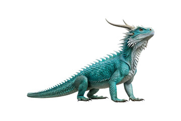 Fototapeta premium Turquoise horned dragon with spiky crest, reptilian scales, long tail, fantasy lizard creature in side profile, isolated on a transparent background