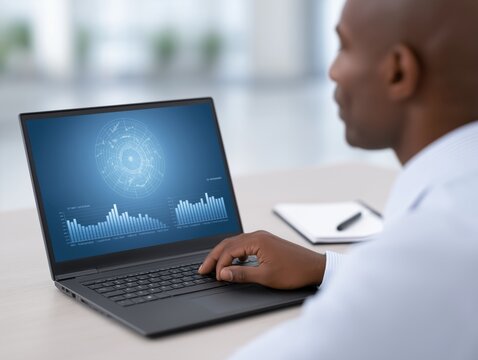 African American man working on laptop, analyzing data with graphs and charts displayed on screen, showcasing modern technology and professional environment - Powered by Adobe