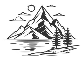 Obraz premium Stylized mountain landscape with sun, clouds, lake and pine trees in black and white nature