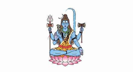 Depiction of Lord Shiva meditating, an icon of Hinduism, is displayed on a lotus flower. Lord Shiva is holding a trident and damaru in his hands,