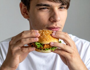 Portrait of a teenage boy eating a burger with a questioning expression on his face.