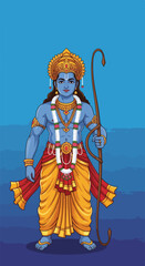 Fototapeta premium Lord Rama illustration depicts deity figure holding traditional bow, standing against blue backdrop. Lord Rama stands as a symbol of righteousness, strength, and devotion.