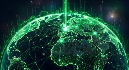Green tech globe shows connections across the world. Background is used for digital video or technology product photography.