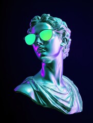 Classical female statue bust made of shiny liquid metal wearing fluorescent sunglasses, lit with purple and green neon lighting set against deep blue background. Futuristic cyberpunk backdrop