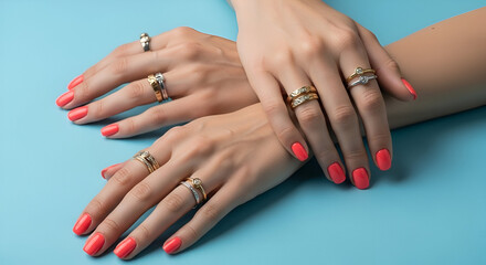 Fototapeta premium Woman s Hands with Coral Nails and Jewelry